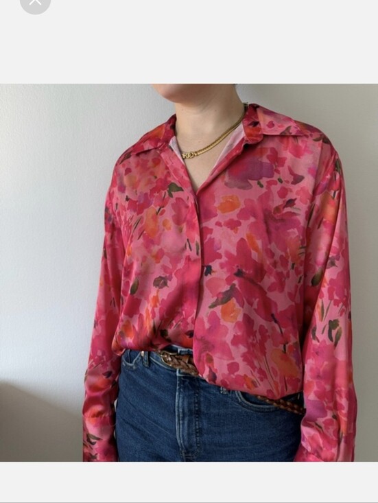 Zara Tops - Zara Pink Floral Satin Button-Down Shirt Size Large
